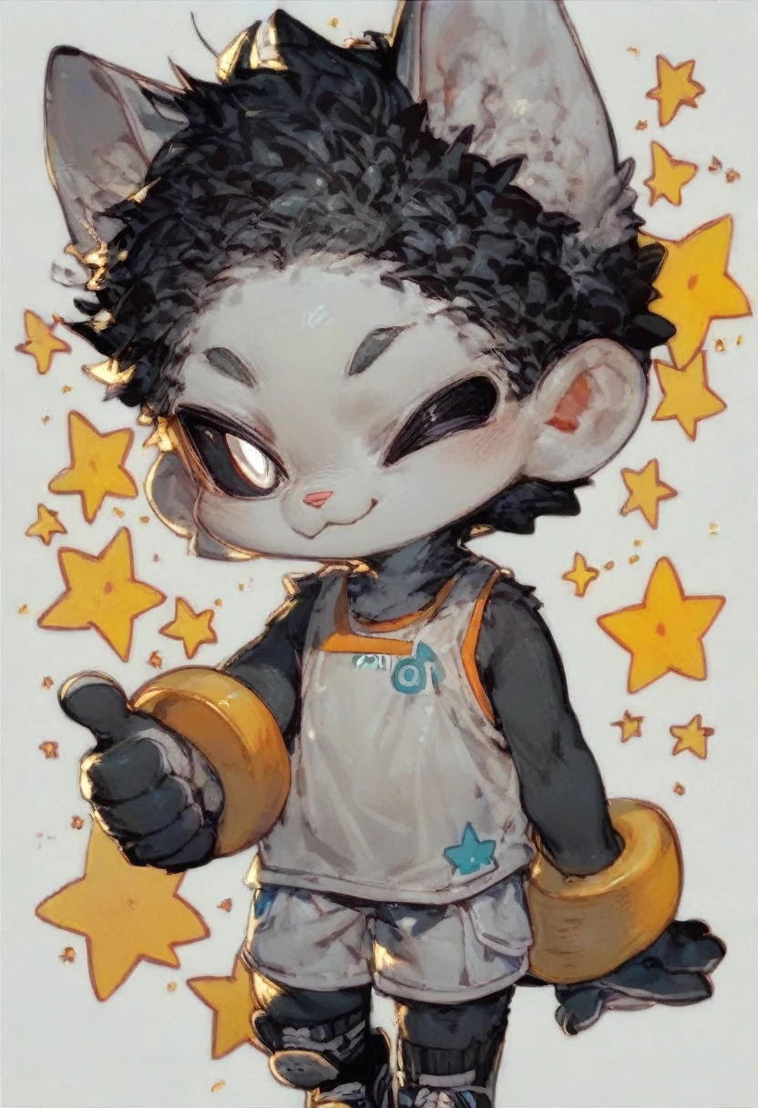 score_9, score_8_up, score_7_up, detailed background, by riyo_(lyomsnpmp), 1boy, solo, anthro cat, black sclera, white iris, white pupil, white fur, short black hair, black fur, simple background, chibi, absurd res, thumbs up, standing, front view, wink, skateboarding