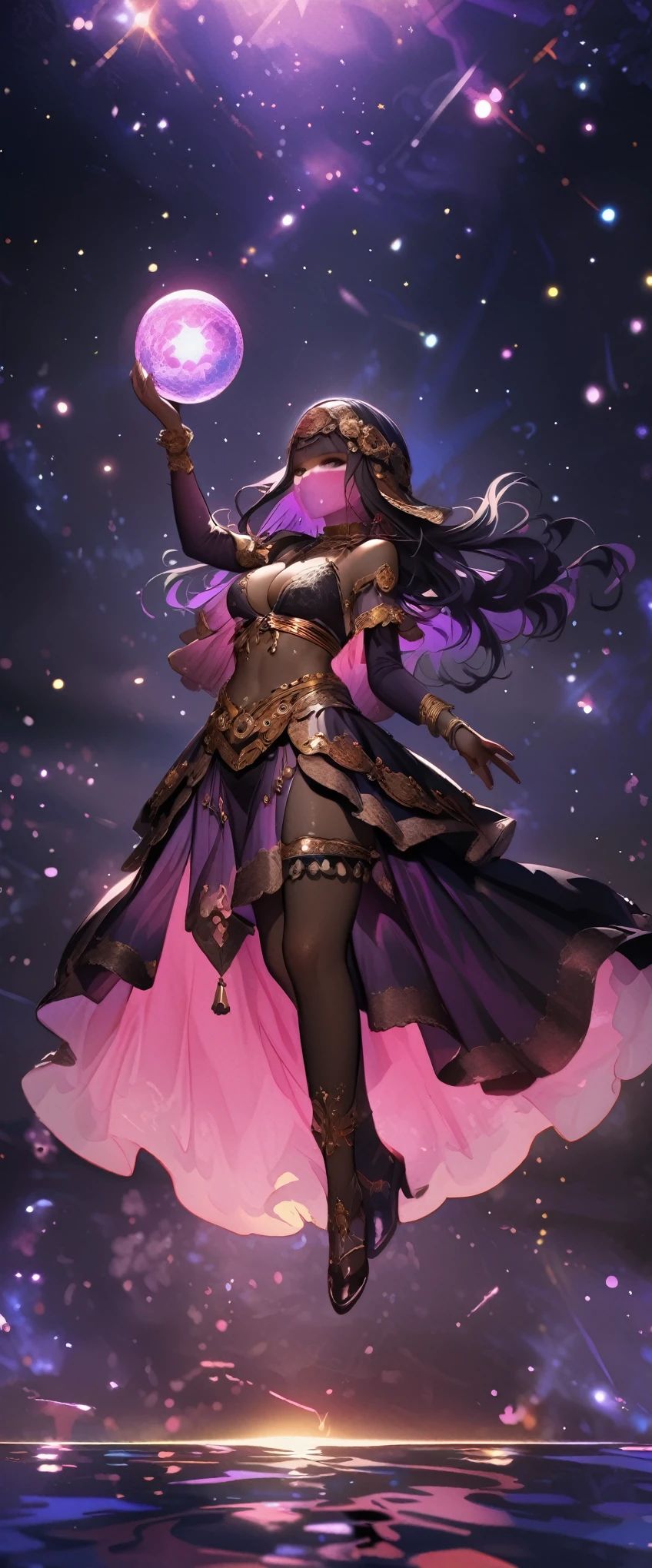 quality\(8k,wallpaper of extremely detailed CG unit, ​masterpiece,hight resolution,top-quality,top-quality real texture skin,hyper realisitic,increase the resolution,RAW photos,best qualtiy,highly detailed,the wallpaper,cinematic lighting,ray trace,golden ratio\), BREAK ,solo,1girl\(Astrologer,Arabic,(face veil:1.7),dark skin, shiny skin, cleavage, wearing head_scarf\(shawl\),wearing bedlah\(belly_dance dress\), crystal jewelry, smiling mouth under face veil, black hair, long hair, wavy hair, bracelets, necklace, earrings,wearing makeup\(eyeshadow,lips\),long eyebrow,(holding big beautiful 1crystal_ball:1.3)\), BREAK ,background\(inside,(very dark:1.4), dark sky,many shiny stars\((constellations:1.8)\),(tarot_card floating in the air:1.3)\),(long shot:1.4),(wide shot:1.4),full body,dynamic pose,long shot
