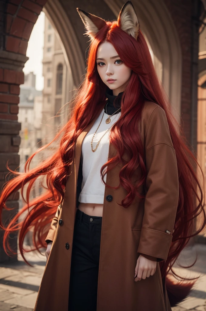 Create a fox with long red hair and clothing