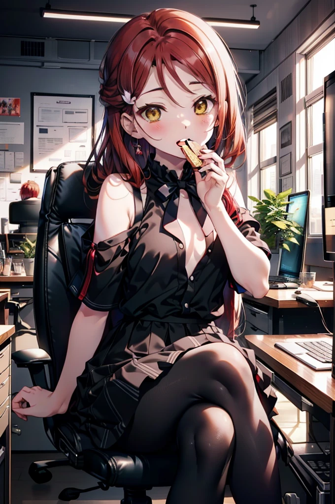 rikosakurauchi, Riko Sakurauchi, (Brown eyes:1.5), Hair between the eyes, Long Hair, (Redhead:1.5), (Small breasts:1.2), smile,blush,Open your mouth,Cold Shoulder Shirt,Short sleeve,Long skirt,Black pantyhose,Stiletto heels,Sitting in a chair,is holding a sandwich with both hands and eating it,There is a computer and a sandwich on the table.,interior,So that the whole body goes into the illustration,
break looking at viewer, 全身
break outdoors, office,
break (masterpiece:1.2), Highest quality, High resolution, unity 8k wallpaper, (figure:0.8), (Beautiful attention to detail:1.6), Highly detailed face, Perfect lighting, Highly detailed CG, (Perfect hands, Perfect Anatomy),