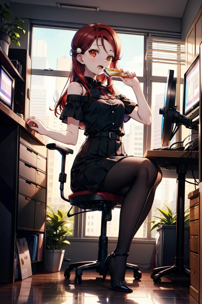 rikosakurauchi, Riko Sakurauchi, (Brown eyes:1.5), Hair between the eyes, Long Hair, (Redhead:1.5), (Small breasts:1.2), smile,blush,Open your mouth,Cold Shoulder Shirt,Short sleeve,Long skirt,Black pantyhose,Stiletto heels,Sitting in a chair,is holding a sandwich with both hands and eating it,There is a computer and a sandwich on the table.,interior,So that the whole body goes into the illustration,
break looking at viewer, 全身
break outdoors, office,
break (masterpiece:1.2), Highest quality, High resolution, unity 8k wallpaper, (figure:0.8), (Beautiful attention to detail:1.6), Highly detailed face, Perfect lighting, Highly detailed CG, (Perfect hands, Perfect Anatomy),