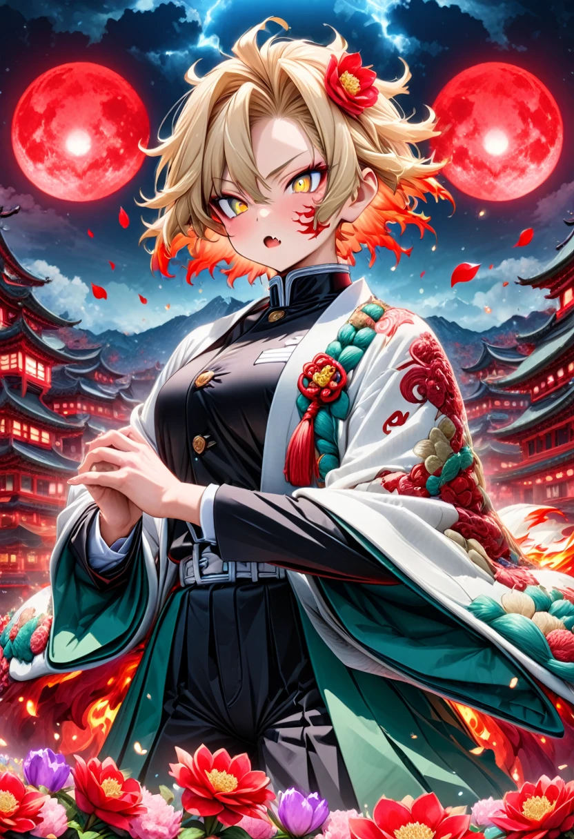 a highly detailed, 8k, surreal, human development report, masterpiece, keiichi tanaami, blonde hair, expressive golden eyes, white haori with flame patterns, black demon slayer uniform, demon slayer, fantasy, flower petals, red flowers, handsome, sexy man, holding a fang-tian-hua-ji, lone, magic, shining red fireflies, red moon, best quality, extremely detailed face and eyes, fire