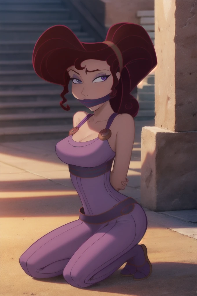 score_9,score_8_up,score_7_up,score_6_up, source_cartoon, BREAK, 1girl, disney, megara, brown hair, purple eyes, purple dress, tied up with gray rope, arms behind her back, OTM-gagged, kneeling down, looking apprehensively at viewer