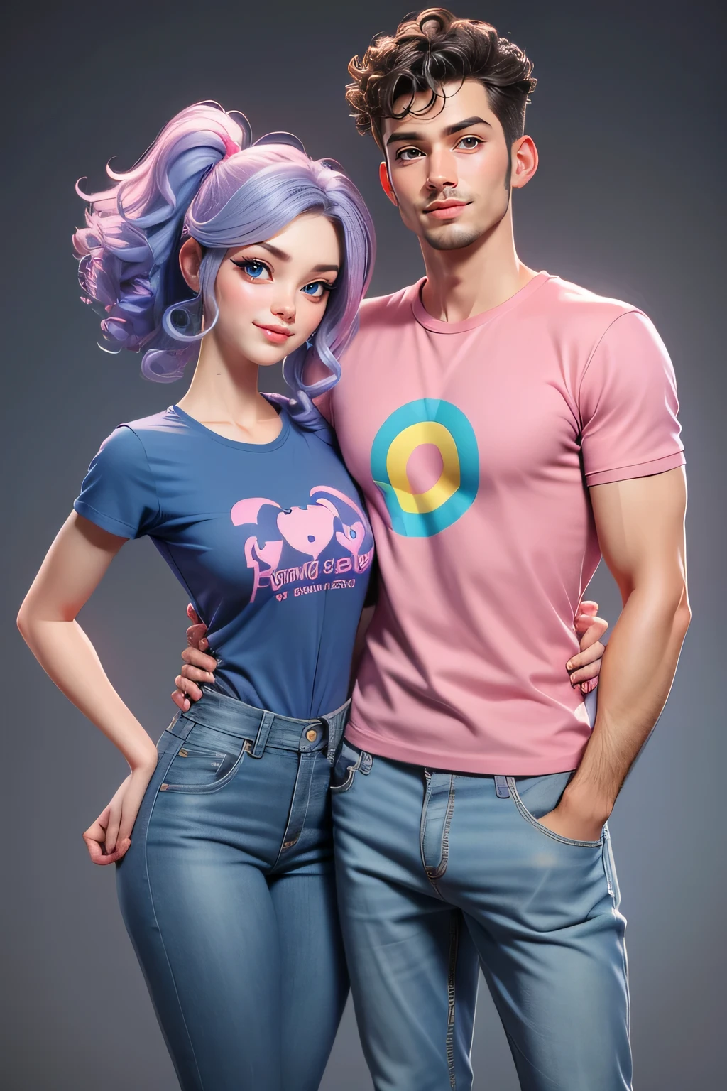 A couple,1 man (25yo) , , sexy pose, handsome face, random hairstyle, , seductive smile, casual t shirt, short pants, A hyper realistic carricature ,photorealism,of a 1 skinny woman 25 yo.with random hair style,standing.wearing casual shirt ,jeans ,light smile, high detail,3d render,high definition. .grey background