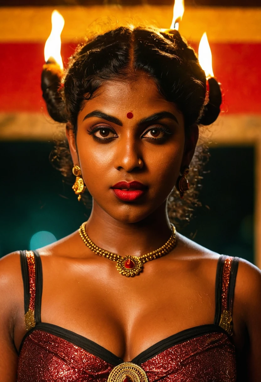 (((photo of a ancient kerala crowned temple goddess ))), (((black kali))) , (((Half Body))), (((very dark skin))), (((age 18+))), (((plus size chubby tall))), (((huge busty milky wet big massive boobs))), (((nude thick thigh))), (((ancient black mini skirt))), ((black skin dark body)), (((red ornaments))), (((depth of field))), ((( flame bokeh))), (((rain))), ((( flashing light leaks))), (((divine))), photorealistic,photo, realism, Getty Images, RAW candid cinema, 16mm, colour graded portra 400 film, remarkable colour, ultra realistic, textured skin, remarkable detailed pupils, realistic dull skin noise, visible skin detail, skin fuzz, dry skin, shot with cinematic,light leaks, RAW Image, DOF, depth of field,bokeh,mylocalgirl