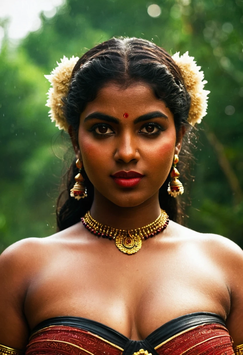 (((photo of a ancient kerala crowned temple goddess ))), (((black kali))) , (((Half Body))), (((very dark skin))), (((age 18+))), (((plus size chubby tall))), (((huge busty milky wet big massive boobs))), (((nude thick thigh))), (((ancient black mini skirt))), ((black skin dark body)), (((red ornaments))), (((depth of field))), ((( flame bokeh))), (((rain))), ((( flashing light leaks))), (((divine))), photorealistic,photo, realism, Getty Images, RAW candid cinema, 16mm, colour graded portra 400 film, remarkable colour, ultra realistic, textured skin, remarkable detailed pupils, realistic dull skin noise, visible skin detail, skin fuzz, dry skin, shot with cinematic,light leaks, RAW Image, DOF, depth of field,bokeh,mylocalgirl