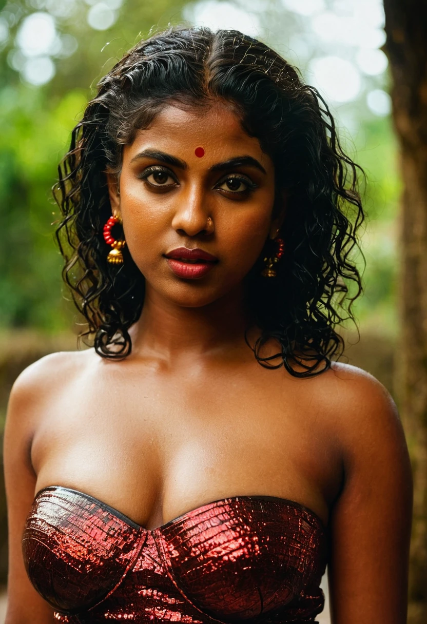 (((photo of a ancient kerala crowned temple goddess ))), (((black kali))) , (((Half Body))), (((very dark skin))), (((age 18+))), (((plus size chubby tall))), (((huge busty milky wet big massive boobs))), (((nude thick thigh))), (((ancient black mini skirt))), ((black skin dark body)), (((red ornaments))), (((depth of field))), ((( flame bokeh))), (((rain))), ((( flashing light leaks))), (((divine))), photorealistic,photo, realism, Getty Images, RAW candid cinema, 16mm, colour graded portra 400 film, remarkable colour, ultra realistic, textured skin, remarkable detailed pupils, realistic dull skin noise, visible skin detail, skin fuzz, dry skin, shot with cinematic,light leaks, RAW Image, DOF, depth of field,bokeh,mylocalgirl