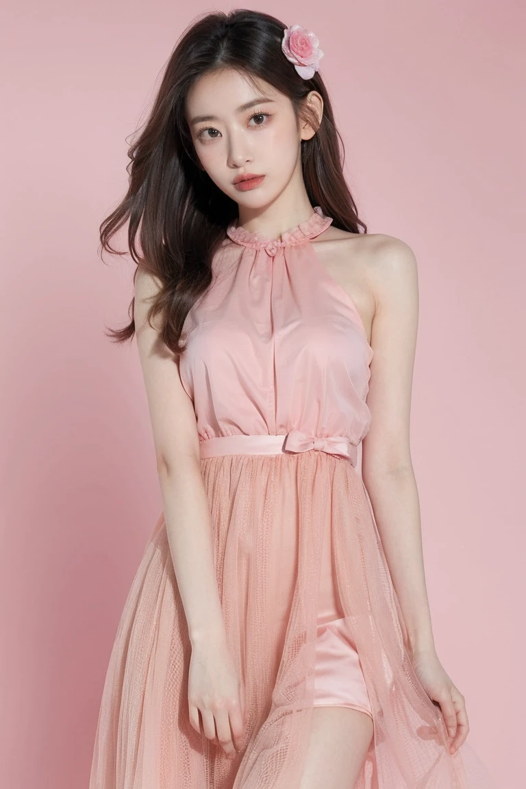 21yo girl, beautiful dress, pink background 