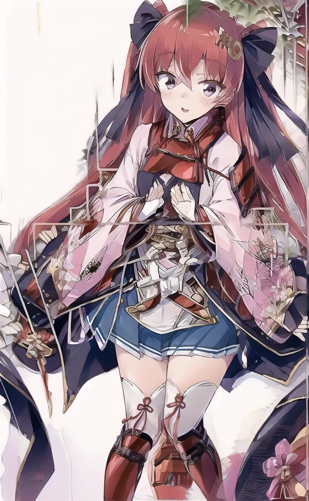 (masterpiece,Highest quality,High resolution:1.3),(V sign,peace sign,Smile,Japanese Shrines,blue sky:1.2), arms, Long Hair, skirt, sword, Redhead, Knee socks, pleated skirt, View your viewers, Sitting, Hair between the eyes, blue skirt, armor, hair ornaments, Red eyes, knife, Twin tails, bow, very Long Hair, black bow, bangs, Long sleeve, sheathed, hair bow, Covered navel, miniskirt, blush, Both sides up, sheath, boots, Part your lips, ribbon, hair ribbon, , chest, zettai ryouiki, black ribbon