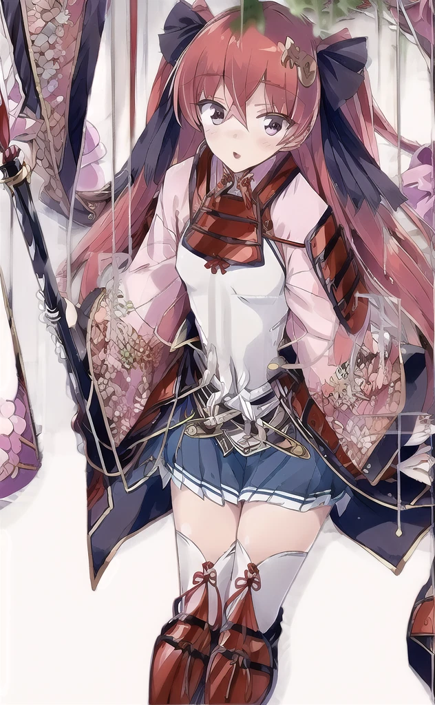 (masterpiece,Highest quality,High resolution:1.3),(V sign,peace sign,Smile,Japanese Shrines,blue sky:1.2), arms, Long Hair, skirt, sword, Redhead, Knee socks, pleated skirt, View your viewers, Sitting, Hair between the eyes, blue skirt, armor, hair ornaments, Red eyes, knife, Twin tails, bow, very Long Hair, black bow, bangs, Long sleeve, sheathed, hair bow, Covered navel, miniskirt, blush, Both sides up, sheath, boots, Part your lips, ribbon, hair ribbon, , chest, zettai ryouiki, black ribbon