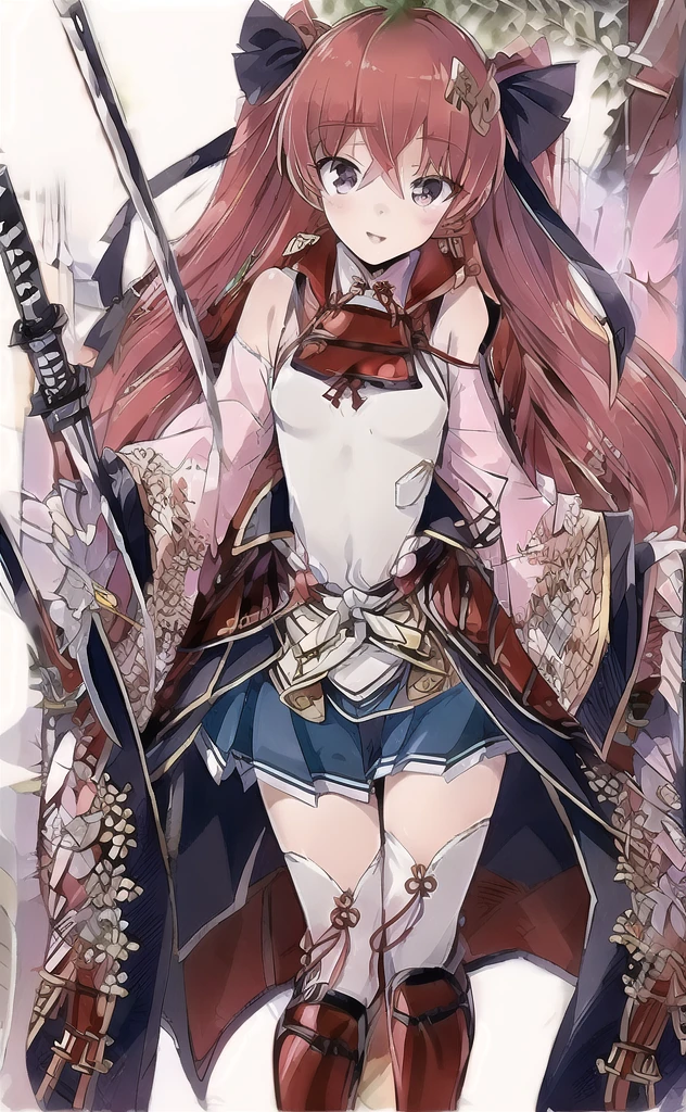 (masterpiece,Highest quality,High resolution:1.3),(V sign,peace sign,Smile,Japanese Shrines,blue sky:1.2), arms, Long Hair, skirt, sword, Redhead, Knee socks, pleated skirt, View your viewers, Sitting, Hair between the eyes, blue skirt, armor, hair ornaments, Red eyes, knife, Twin tails, bow, very Long Hair, black bow, bangs, Long sleeve, sheathed, hair bow, Covered navel, miniskirt, blush, Both sides up, sheath, boots, Part your lips, ribbon, hair ribbon, , chest, zettai ryouiki, black ribbon