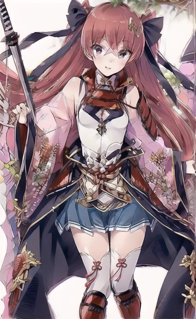 (masterpiece,Highest quality,High resolution:1.3),(V sign,peace sign,Smile,Japanese Shrines,blue sky:1.2), arms, Long Hair, skirt, sword, Redhead, Knee socks, pleated skirt, View your viewers, Sitting, Hair between the eyes, blue skirt, armor, hair ornaments, Red eyes, knife, Twin tails, bow, very Long Hair, black bow, bangs, Long sleeve, sheathed, hair bow, Covered navel, miniskirt, blush, Both sides up, sheath, boots, Part your lips, ribbon, hair ribbon, , chest, zettai ryouiki, black ribbon