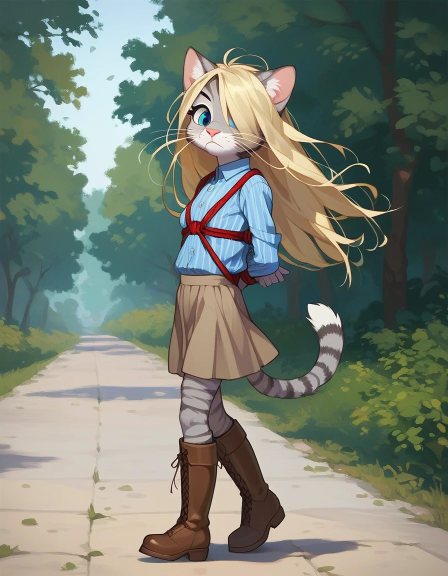 Solo, score_9,score_8_up,score_7_up, source_cartoon, kat, Anthro furry feline, female, short slender body, long blonde hair, long messy hair, hair covering one eye, pink nose, blue eyes, white whiskers, silver fur, grey stripes, furry body, short, young, about 6 months years old, wearing ruffled blue blouse, brown skirt, looking down, furrowed eyebrows, brown boots, nighttime, walking, hands tied together, hands restrained by ropes, side view, a rope tied to her wrists, walking down a nature path, outdoors, soldiers in the background