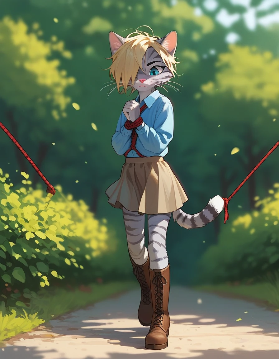 Solo, score_9,score_8_up,score_7_up, source_cartoon, kat, Anthro furry feline, female, short slender body, long blonde hair, long messy hair, hair covering one eye, pink nose, blue eyes, white whiskers, silver fur, grey stripes, furry body, short, young, about 6 months years old, wearing ruffled blue blouse, brown skirt, looking down, furrowed eyebrows, brown boots, nighttime, walking, hands tied together, hands restrained by ropes, side view, a rope tied to her wrists, walking down a nature path, outdoors, soldiers in the background