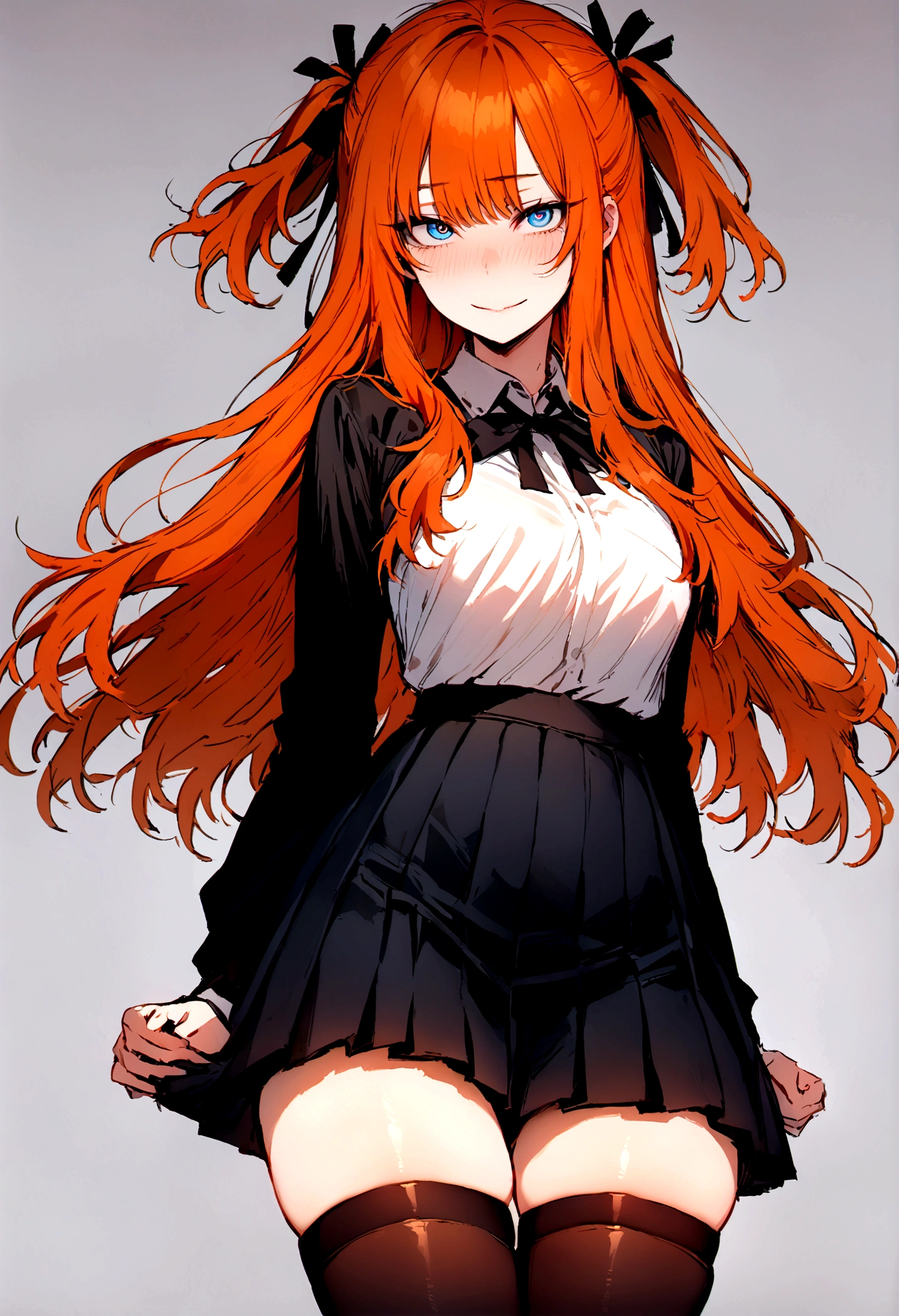 (masterpiece), best quality, expressive eyes, perfect face, 1girl, solo, blue eyes, dark orange Hair, Loose hair, hair ribbon, long hair, black ribbon, sidelocks, bangs two side up, smile, black skirt, black thigh-highs, long sleeves, miniskirt, pleated skirt, white blouse, thigh-highs, looking at viewer,
