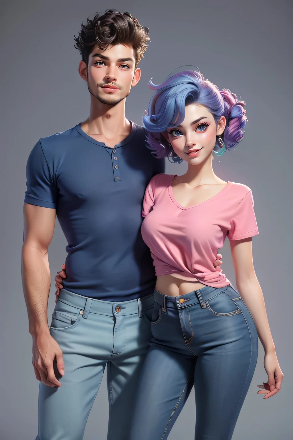 A couple,1  man (25yo) , , sexy pose, handsome face, curly  hairstyle, , seductive smile, blue casual  shirt, short pants, A hyper realistic carricature ,photorealism,of a 1 skinny woman 25 yo.with random rainbow colour hair style,standing.wearing with pink casual shirt ,jeans ,light smile, high detail,3d render,high definition. .grey background