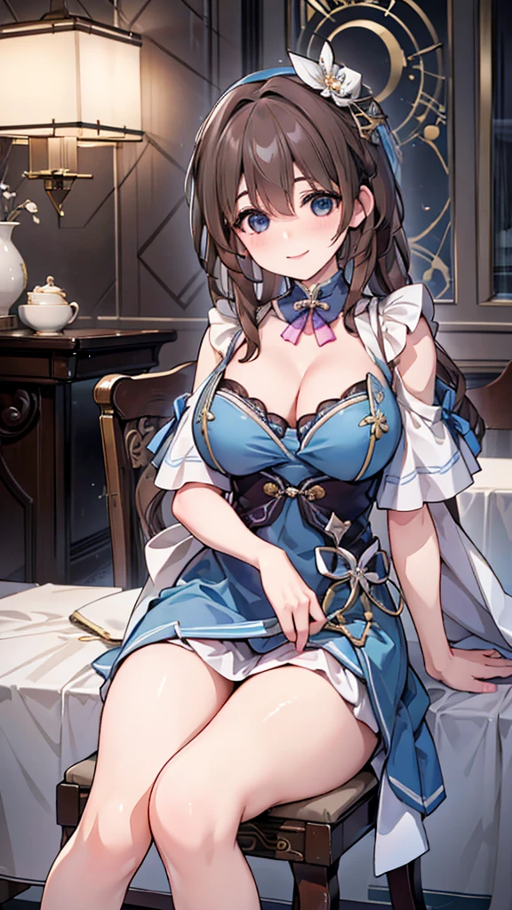 Masterpiece, high quality, 4K, best quality, Paris France city background, Ruan Mei had light brown hair, casually tied into a bun with a few safety pins and ribbons. Her clothes are dominated by blue and white, her dress is made in the traditional Luofu Xianzhou style , sitting on a cafe chair, and on the table there is a foamy drink,Become a,Large Breasts,Lipstick,Smile