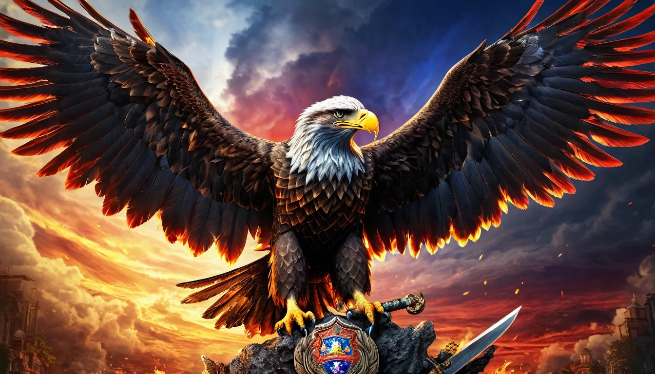 a majestic rising eagle with powerful wings,Philippine flag,sword,flames,digital art,detailed character,intricate details,dramatic lighting,vibrant colors,cinematic composition,photorealistic,hyper detailed,award winning,masterpiece