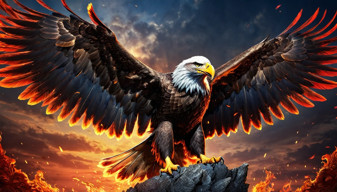 a majestic rising eagle with powerful wings,Philippine flag,sword,flames,digital art,detailed character,intricate details,dramatic lighting,vibrant colors,cinematic composition,photorealistic,hyper detailed,award winning,masterpiece