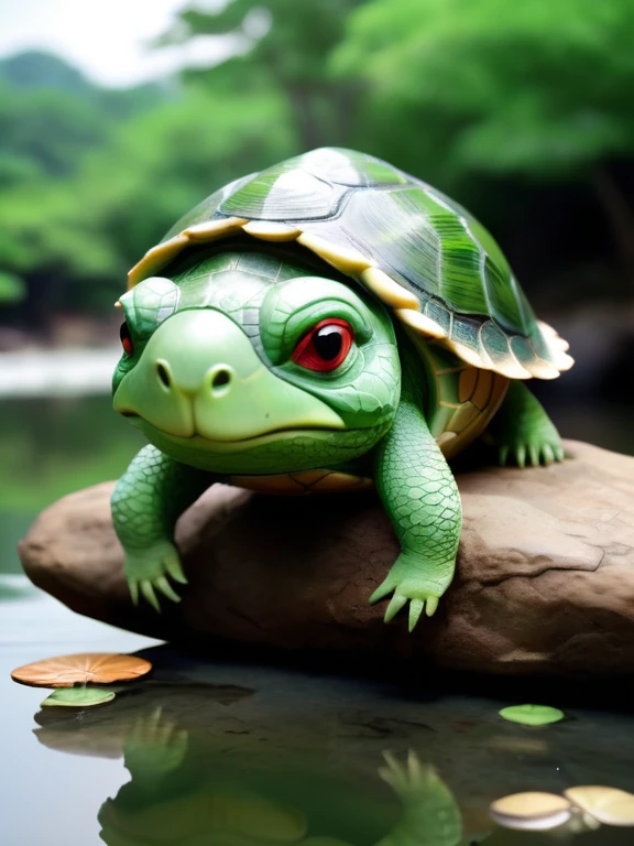 Please draw a realistic image of a kappa sitting by a river。Kappa have green skin、It has a turtle-like shell on its back。There is a small plate on the top of the head、There is water there。The kappa's face has a slightly innocent look.、holding a small fish in hand。The background is the natural scenery of Japan.、The clear water of the river flows quietly。The kappa's appearance is realistic and detailed.、Make sure its unique features are clearly visible。