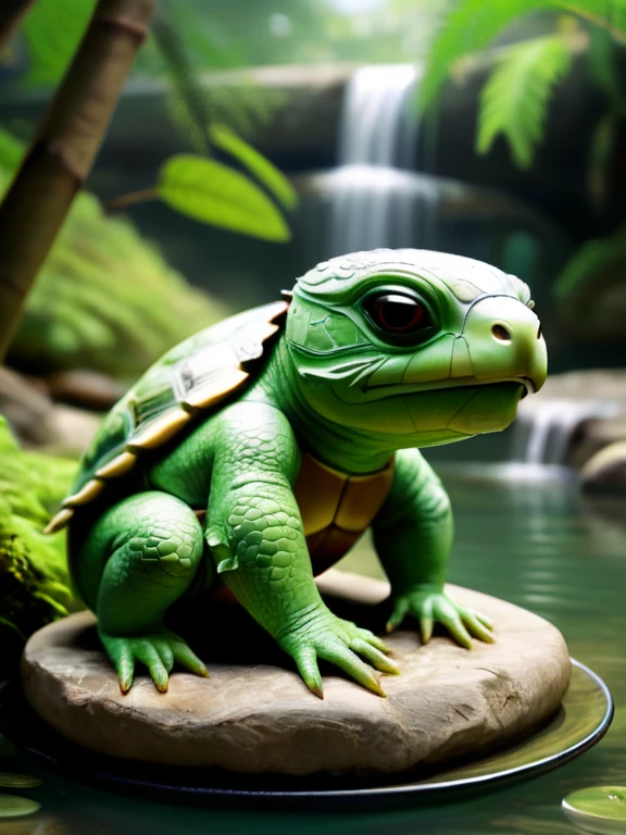 Please draw a realistic image of a kappa sitting by a river。Kappa have green skin、It has a turtle-like shell on its back。There is a small plate on the top of the head、There is water there。The kappa's face has a slightly innocent look.、holding a small fish in hand。The background is the natural scenery of Japan.、The clear water of the river flows quietly。The kappa's appearance is realistic and detailed.、Make sure its unique features are clearly visible。