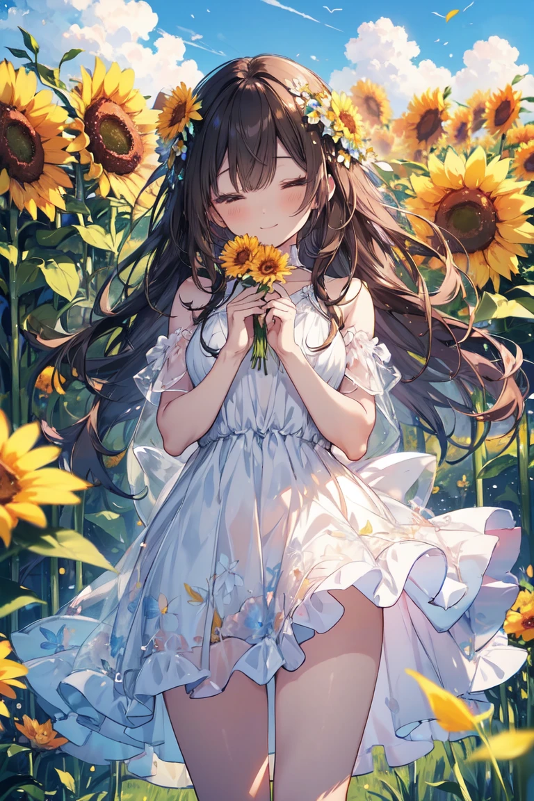 a woman wearing a it is Holding a flower束 of flowers walking in front of a background of bright yellow flowers with grass in the background, 1 Girl, it is, One, dress, close your eyes, long hair, flower, smile, null, hair, straw it is, Open your mouth, white dress, flower束, Brown hair, Holding, flowerびら, Outdoors, twin hairs, cloud, Facing the audience, yellow flower, blue null, sunflower лучший рейтинг на pixiv, Beautiful anime art, Beautiful and detailed anime art ((Ideal anatomy)) ((Two pairs of hands)) ((Ideal anatomy)) 5 fingers on each hand