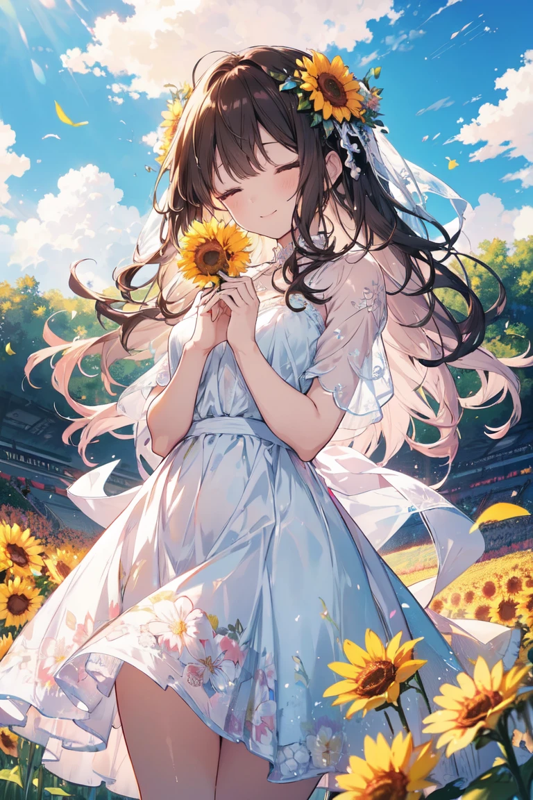 a woman wearing a it is Holding a flower束 of flowers walking in front of a background of bright yellow flowers with grass in the background, 1 Girl, it is, One, dress, close your eyes, long hair, flower, smile, null, hair, straw it is, Open your mouth, white dress, flower束, Brown hair, Holding, flowerびら, Outdoors, twin hairs, cloud, Facing the audience, yellow flower, blue null, sunflower лучший рейтинг на pixiv, Beautiful anime art, Beautiful and detailed anime art ((Ideal anatomy)) ((Two pairs of hands)) ((Ideal anatomy)) 5 fingers on each hand