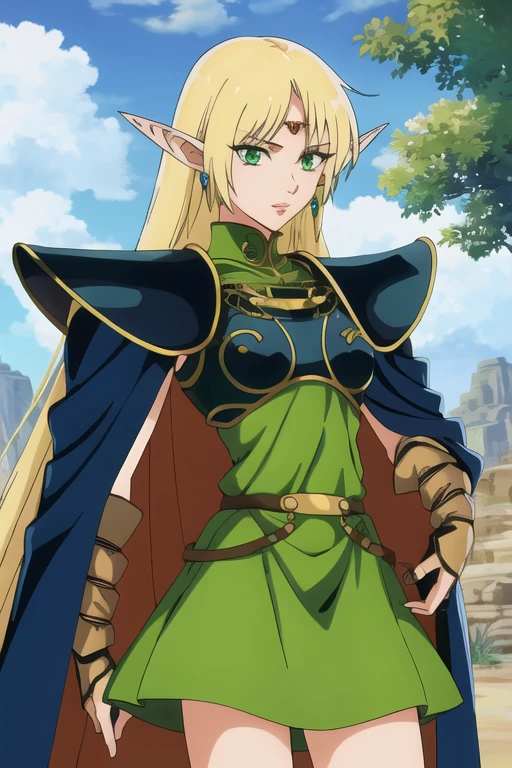 masterpiece, best quality, 1girl, solo, scenery, cowboy shot,
pointy ears, blonde hair, long hair, elf, circlet, green eyes, long pointy ears, very long hair, breasts, medium breasts, earrings, lips, makeup, bangs,
cape, armor, blue cape, shoulder armor, pauldrons, gloves, breastplate, belt, green dress, short dress,
