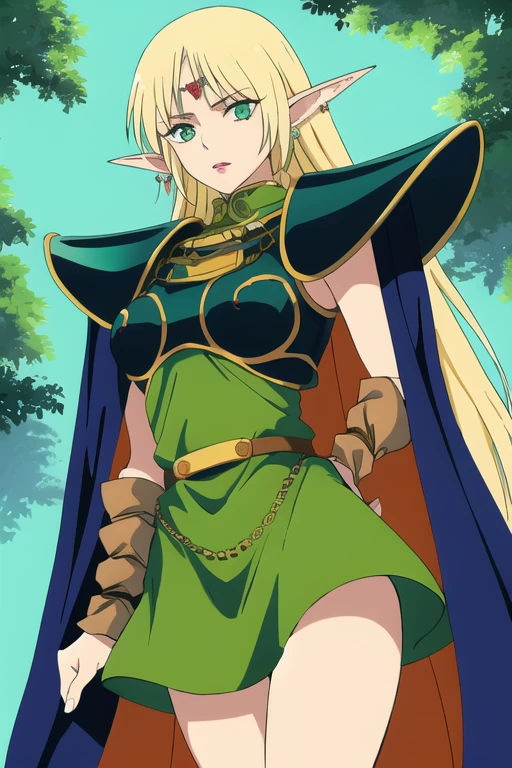 masterpiece, best quality, 1girl, solo, scenery, cowboy shot,
pointy ears, blonde hair, long hair, elf, circlet, green eyes, long pointy ears, very long hair, breasts, medium breasts, earrings, lips, makeup, bangs,
cape, armor, blue cape, shoulder armor, pauldrons, gloves, breastplate, belt, green dress, short dress,
