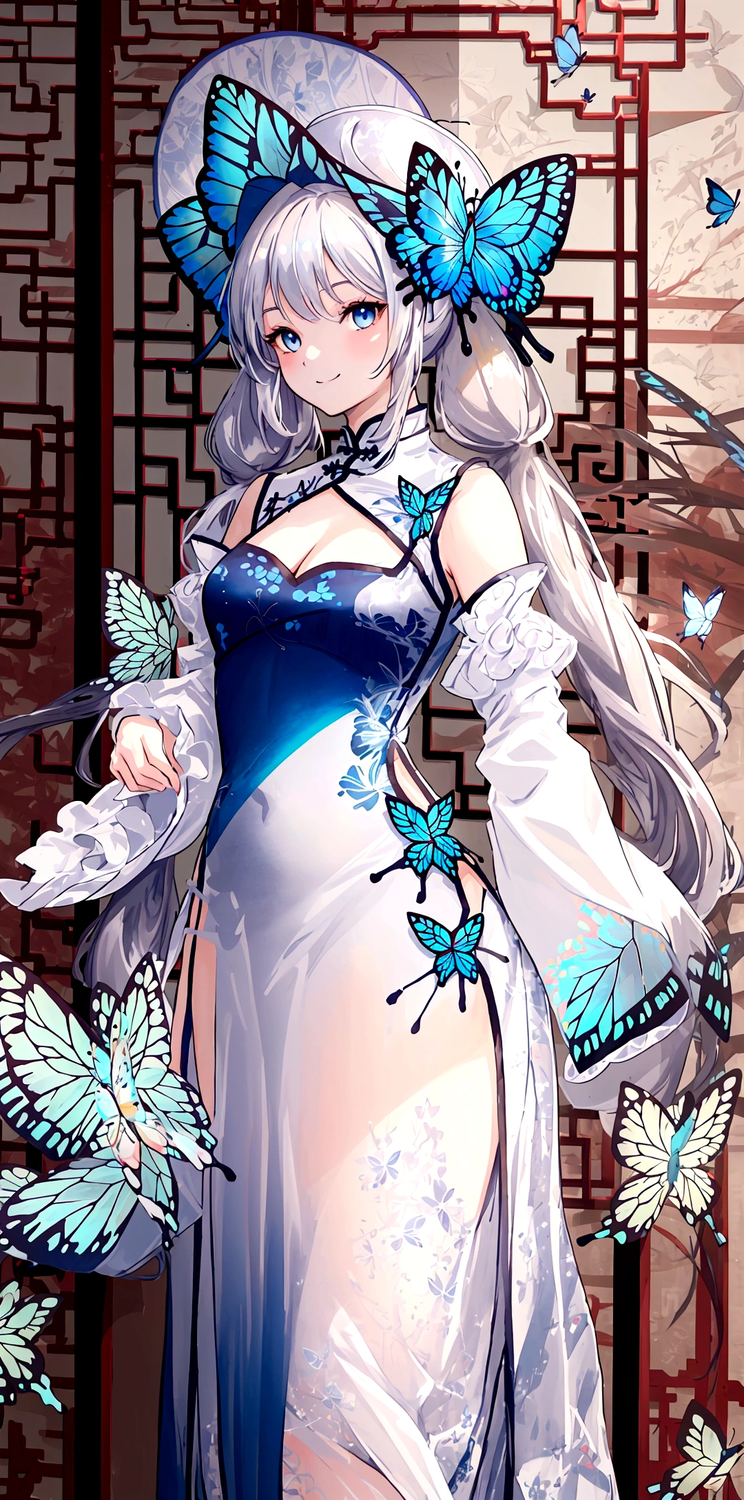 ((32k)), ((best quality)), ((ultra high res)), ((HDR)), ((UHD)), ((extremely detailed CG)), ((unity 32k wallpaper)), ((illustration)), ((cool girl)), ((18 years old)), ((silver hair)), (((long low twintails))), ((blue eyes)), (((medium chest))), ((cleavage)), (((china dress))), (((white china dress))), (((Butterfly patterned China dress))), (((china hat))), (((sleeve))), (((Butterfly shaped hair ornament))), (((chinese style background))), (((smile))), ((cowboy shot)), ((from front)),