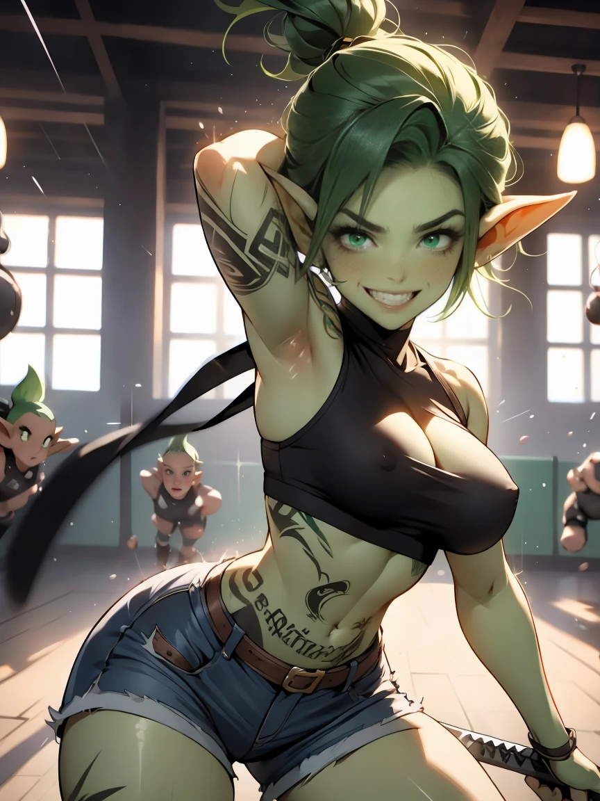 4k, extremely muscular goblin tomboy, brash, confident, green skin, pointy ears, green eyes, short length messy green punk hair, very small breasts, many tattoos, face tattoo, 1girl, solo, wearing black crop top, underboob, daisy duke shorts, leather armor, motion, motion blur, dynamic pose, action pose, cinematic, swinging a sword at a practice dummy, practicing, hitting hard, slashing, slicing, bouncing breasts, fast movement, bouncy breasts, grinning, happy, very detailed eyes, fierce, dangerous, sexy