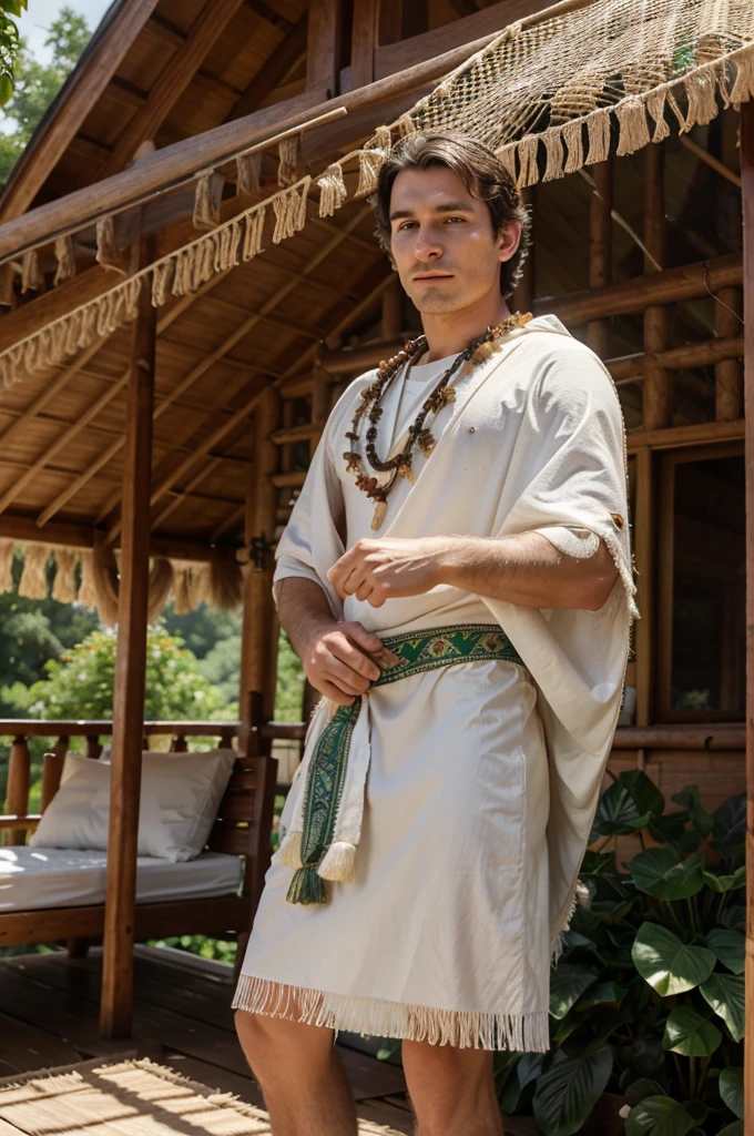 a young white male, caucasian, wearing a classic tribal hula outfit including a loin cloth (malo) and Ahu mai'a (a cape made of netting and banana leaves), standing on a cabin porch in front of a cushioned porch swing, detailed facial features, detailed clothing, intricate tribal patterns, natural lighting, vivid colors, photorealistic, 8k, masterpiece, pacific northwest forest in background