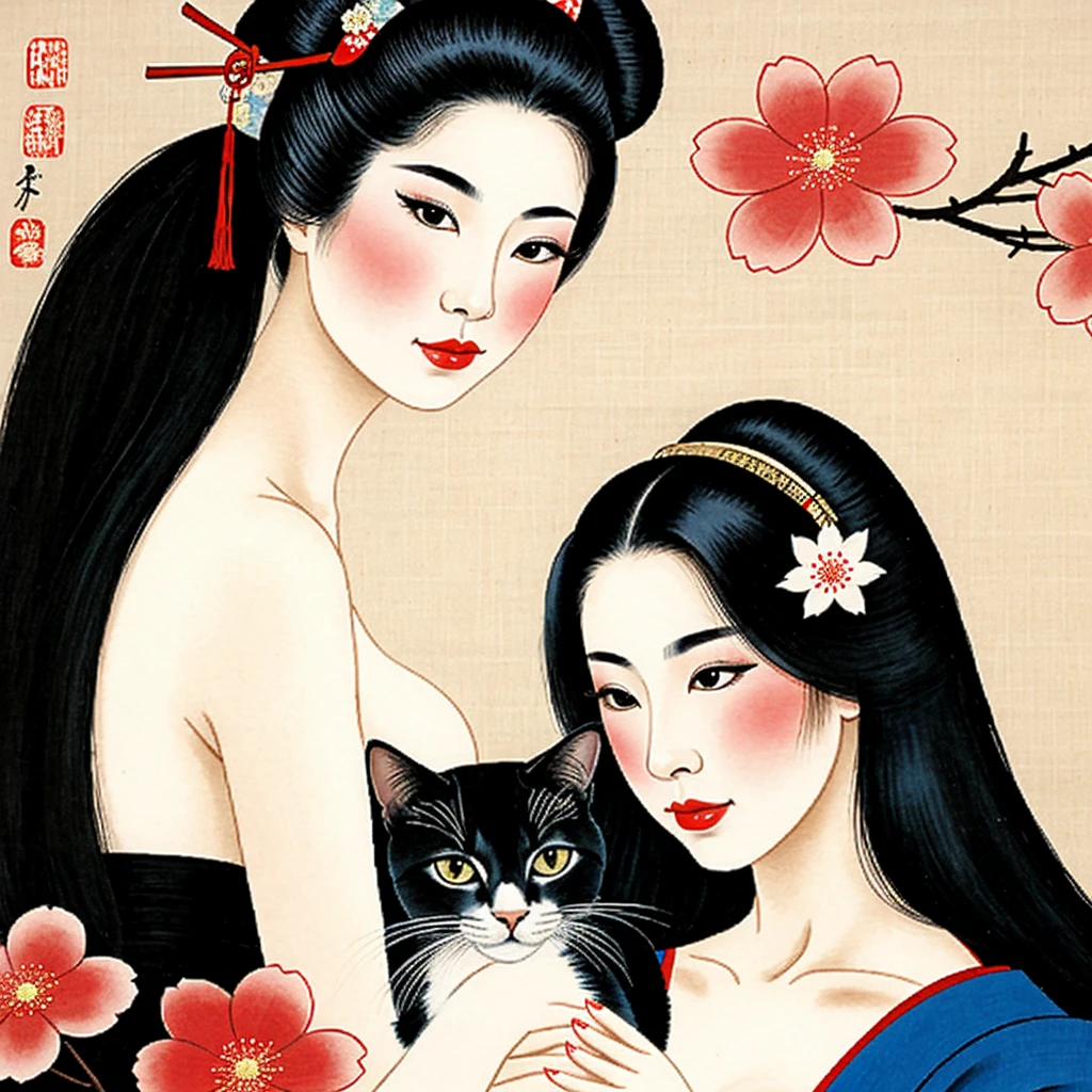 Geisha Stroking a Cat Sexy Sensual Beautiful Japanese Flowers Japanese Painting Drawing