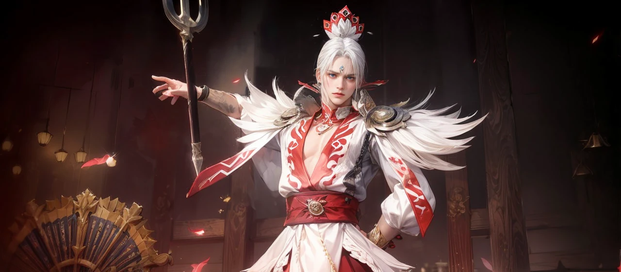 Boy, white hair, blue eyes, serious sharp features, white skin,