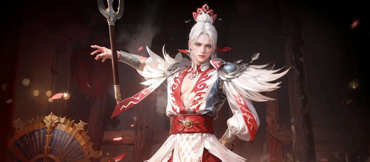 Boy, white hair, blue eyes, serious sharp features, white skin,