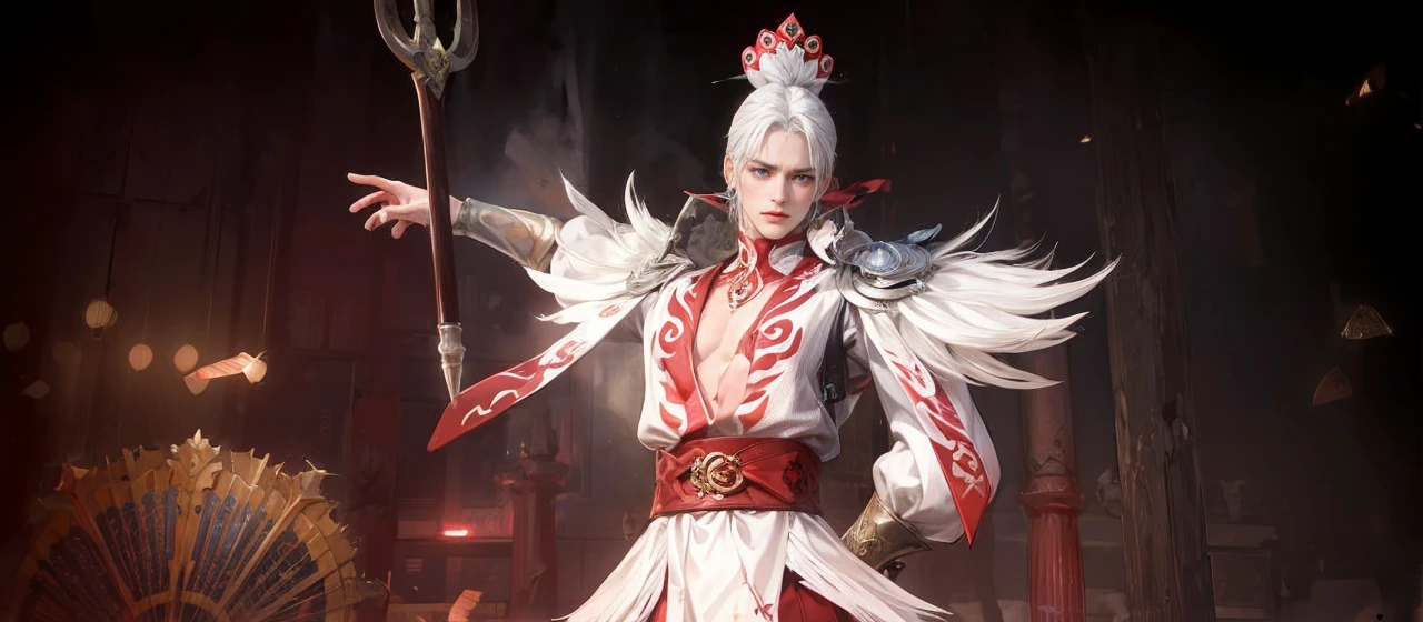 Boy, white hair, blue eyes, serious sharp features, white skin,