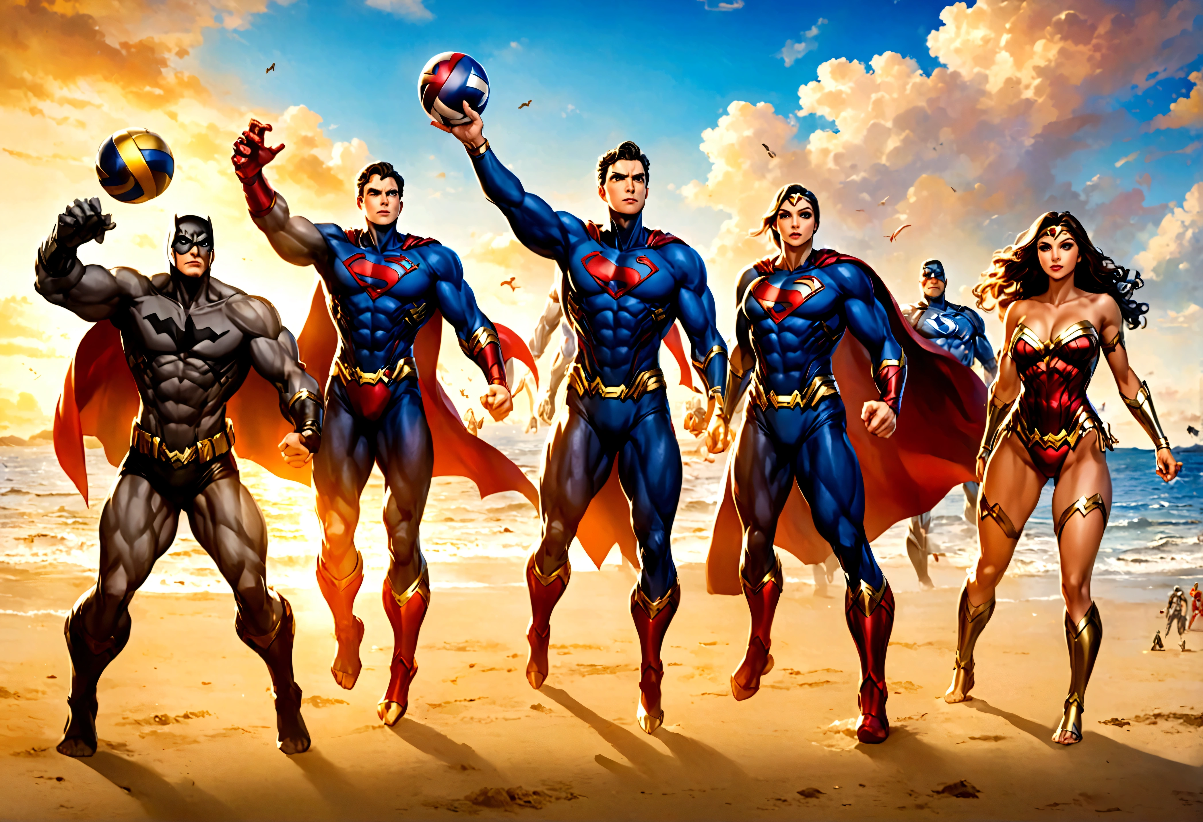 a group of superheroes playing volleyball on a beach, DC justice league vs marvel avengers, 5 players per team, relaxing super costumes, (best quality,4k,8k,highres,masterpiece:1.2),ultra-detailed,(realistic,photorealistic,photo-realistic:1.37),dramatic lighting, beautiful detailed eyes, beautiful detailed lips, extremely detailed eyes and face, long eyelashes, muscular athletic bodies, flying sand, ocean waves, golden sunset sky, vibrant colors, dramatic action poses
