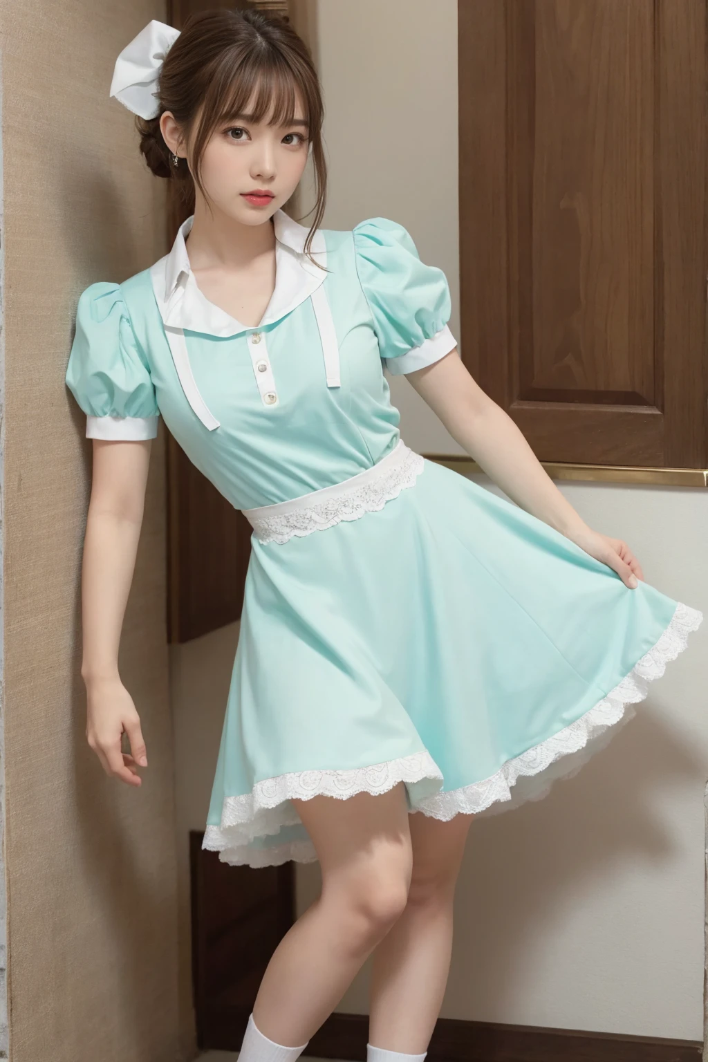 (One woman), short bob, 28 years old, Japanese, brown eyes, brown hair, slim figure, flat chest, flushed, flushed cheeks, flushed face
BREAK
///Fashions 
Retro Diner Waitress Outfit
This outfit is inspired by classic American diners from the 1950s, The waitress dress is a bright pastel color, such as mint green or baby pink, with white piping and accents, The dress is knee-length with a full, flared skirt, creating a fun and playful silhouette, The bodice features a fitted waist, a rounded collar, and short puff sleeves, 
BREAK
A white apron with frilly edges ties around the waist, adorned with a small pocket for holding a notepad and pen, The look is completed with white, lace-trimmed ankle socks and comfortable, low-heeled, Mary Jane shoes, The hairstyle is a neat updo or ponytail, accessorized with a matching headband or hair scarf,
BREAK