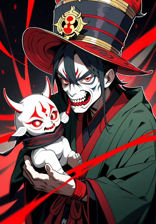 evil shinto priest wearing a hyottoko mask (white mask with popping red luminous eyes, twisted sucking mouth), throwing ghosts with both hands, His suit is blue with classical detailed black green and red lines, red belt, red hat and gold ribbons on the closures, red luminous eyes, background macabre of tombs,