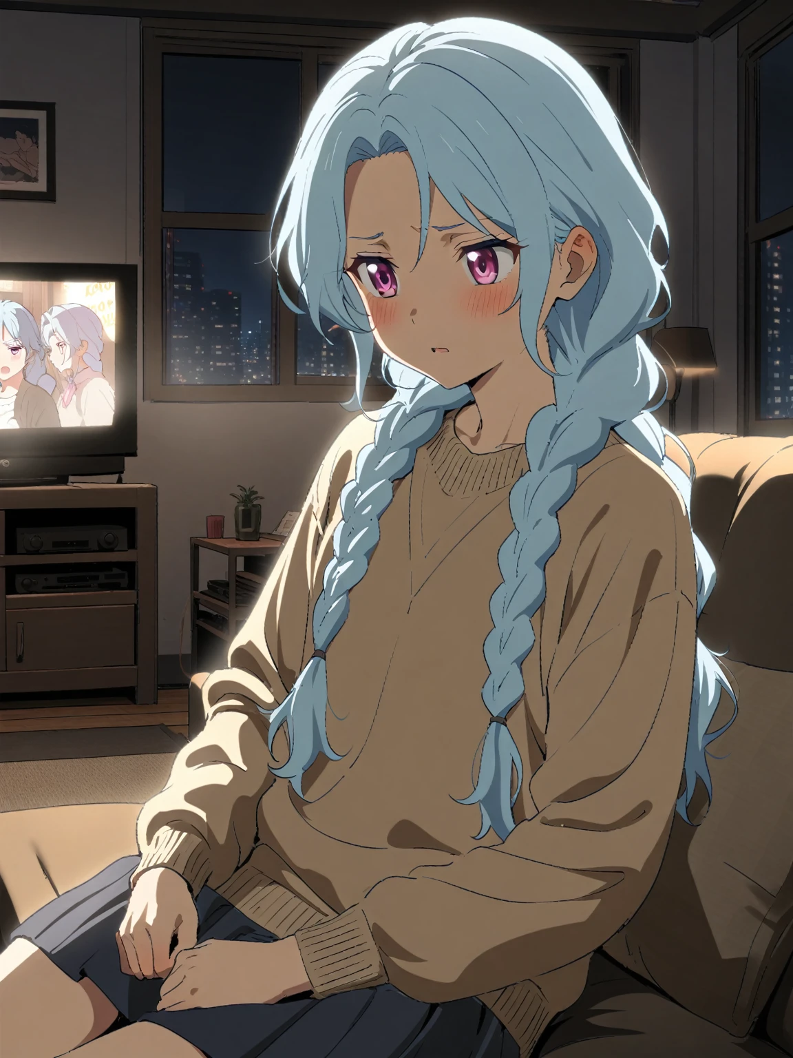 {{upper body}} {{Artist: sincos}} 1boy, mature male, light blue hair, long hair, braided hair, pink eyes, half-lidded, androgynous, sweater, skirt, indoors, living room, night, sitting, watching movie, pov