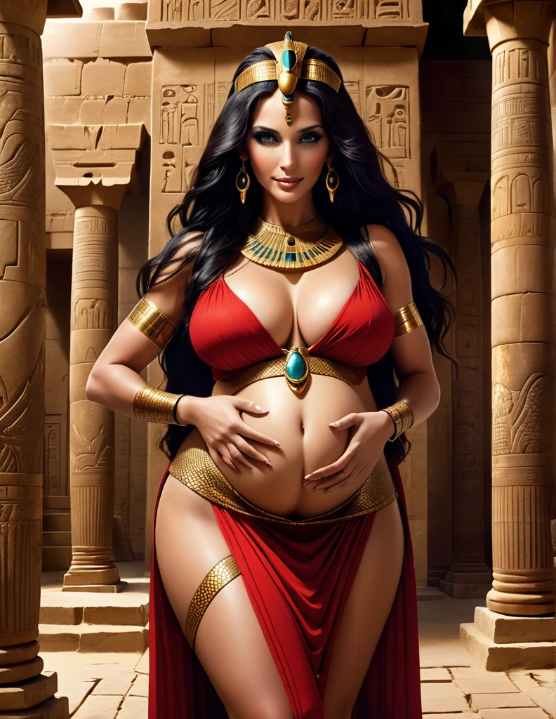 elegant fertility goddess,queen of egypt,mature woman,pregnant with octuplet snakes,egyptian fertility goddess with snake skin,sexy,maternal figure,ancient egypt,large breasts,egyptian temple,red and sand colored dress,form-fitting,translucent clothing,long straight black hair,adorned with jewelry,pregnant with quintuplets,swollen breasts lactating,visible snake teeth,smiling,golden eyes,reptilian pupils,snake woman,gorgon,dramatic gothic dominatrix,snake scale skin on legs arms torso face,mysterious ancient egyptian temple,intense gaze,cinematic dramatic lighting,supernatural 8k scene,breathtaking beauty and depth