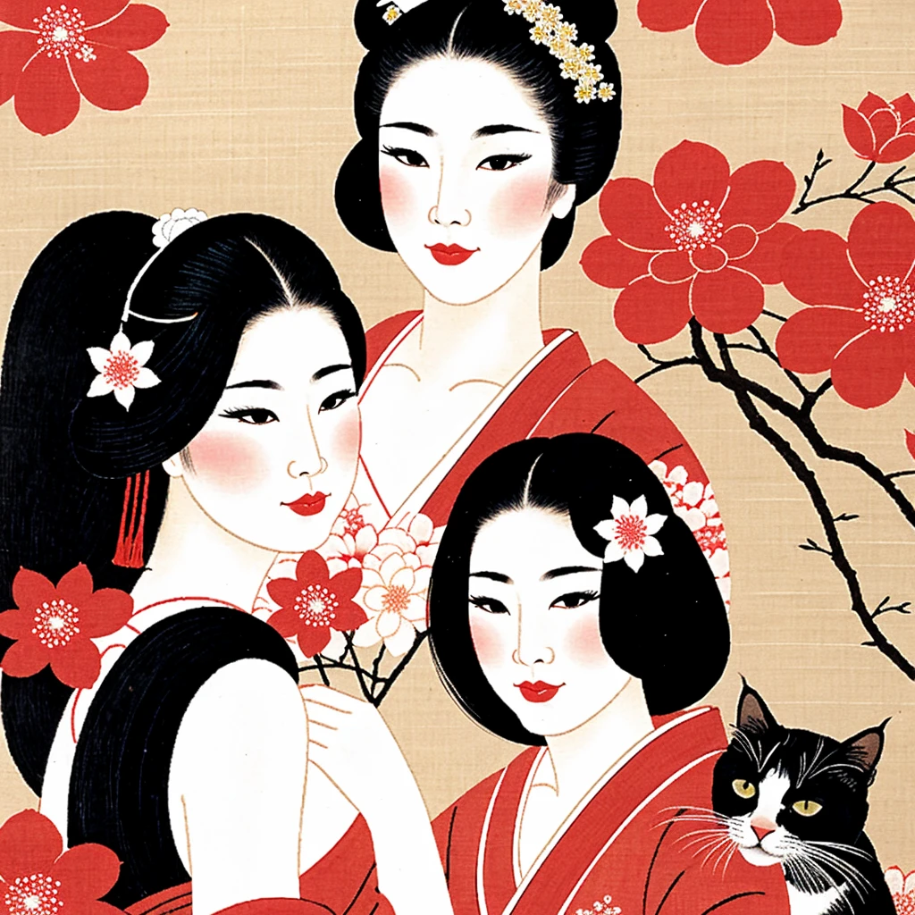 Geisha Stroking a Cat Sexy Sensual Beautiful Japanese Flowers Japanese Painting Drawing 