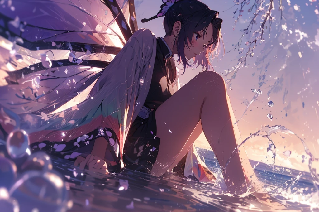 (masterpiece), (best quality), (ultra-detailed), (best illustration), (best shadow), (absurdres), Female, 25 years old, looking at viewer, steam, shy, nose blush, nsfw, medium breasts, nude, o-face, climax, light smile, Kochou Shinobu, Forehead,Black shirt,Black pantsuit,haori,butterflys,obi strip, purple flower,mostly cloudy sky,rays of sunshine,Tyndall effect,Gradient_sky,the face,beautiful sky,Saber on the waist,captivating posture, (Off-the-shoulder attire:1.3), light smile,
