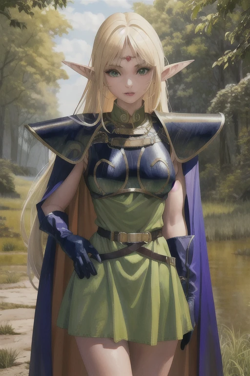 masterpiece, best quality, 1girl, solo, scenery, cowboy shot,
pointy ears, blonde hair, long hair, elf, circlet, green eyes, long pointy ears, very long hair, breasts, medium breasts, earrings, lips, makeup, bangs,
cape, armor, blue cape, shoulder armor, pauldrons, gloves, breastplate, belt, green dress, short dress,
