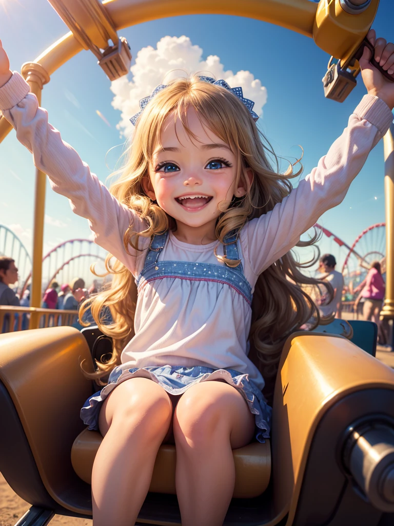 best qulity，The Masterpiece，ultra-highresolution，（fidelity：1.4），Original photo，Princess dress，1 little girl,6 years old，cinematic lighting，(((twin drills))),blondhair，Blue eyes，Open your mouth and laugh，Ride a roller coaster，blured background，amusement park，skies，strong wind，