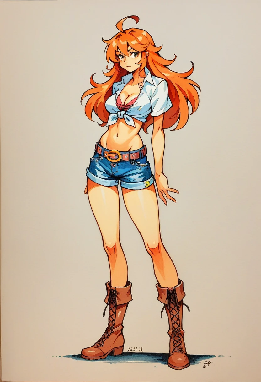 (masterpiece, best quality:1.2), 1girl, solo, denim shorts, boots, midriff,  cleavage, front-tie top, tied shirt, belt, underwear showing , orange hair, long hair, navel, ahoge, traditional media, shorts, beautiful long legs, standing 