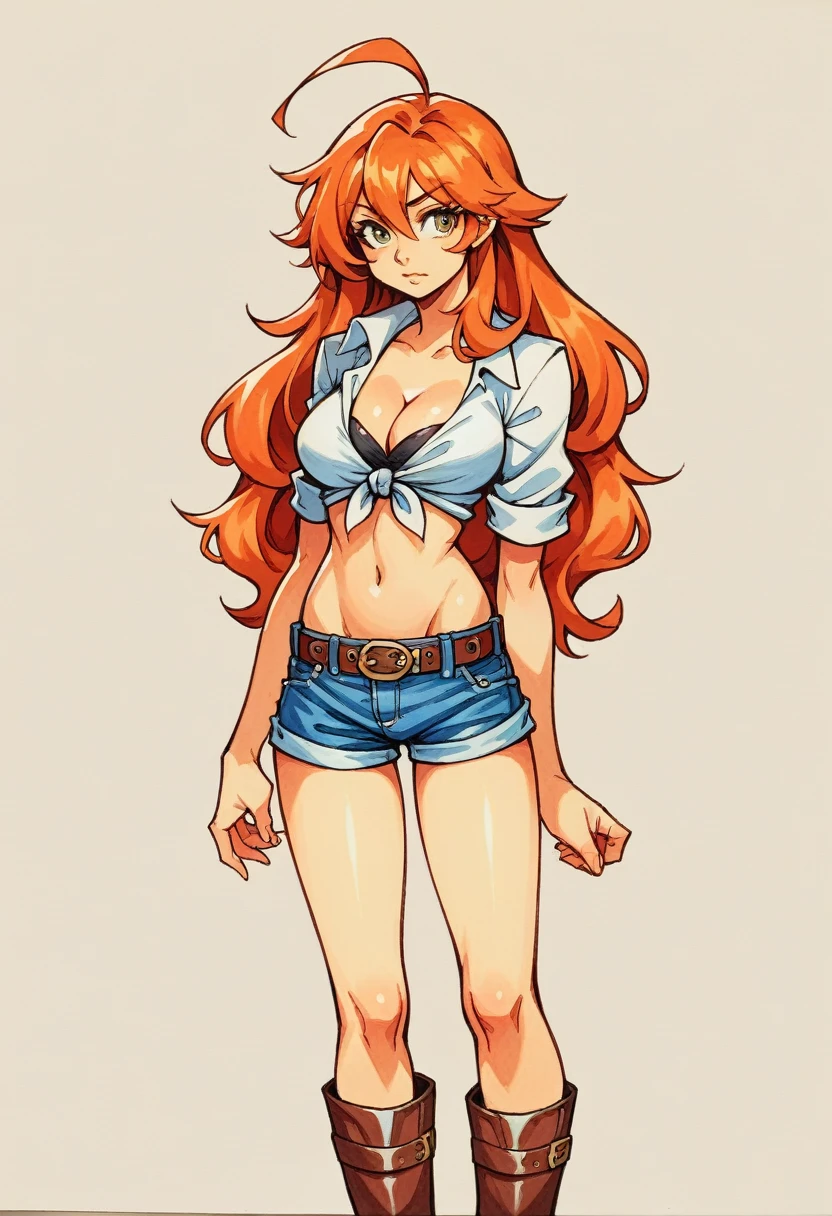 (masterpiece, best quality:1.2), 1girl, solo, denim shorts, boots, midriff, cleavage, front-tie top, tied shirt, belt, underwear showing , orange hair, long hair, navel, ahoge, traditional media, shorts, beautiful long legs, standing