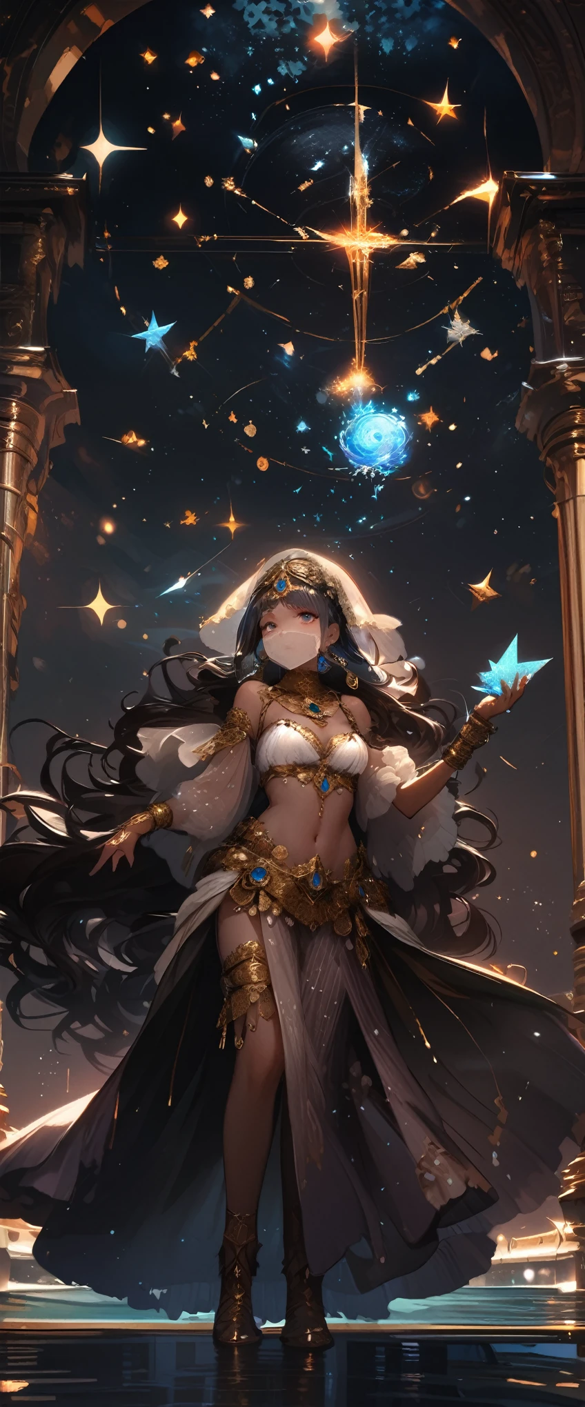 quality\(8k,wallpaper of extremely detailed CG unit, ​masterpiece,hight resolution,top-quality,top-quality real texture skin,hyper realisitic,increase the resolution,RAW photos,best qualtiy,highly detailed,the wallpaper,cinematic lighting,ray trace,golden ratio\), BREAK ,solo,1girl\(Astrologer,Arabic,(face veil:1.7),dark skin, shiny skin, cleavage, wearing head_scarf\(shawl\),wearing bedlah\(belly_dance dress\), crystal jewelry, smiling mouth under face veil, black hair, long hair, wavy hair, bracelets, necklace, earrings,wearing makeup\(eyeshadow,lips\),long eyebrow,(holding big beautiful 1crystal_ball:1.3)\), BREAK ,background\(inside,(very dark:1.4), dark sky,many shiny stars\((constellations:1.8)\),(tarot_card floating in the air:1.3)\),(long shot:1.4),(wide shot:1.4),full body,dynamic pose,long shot
