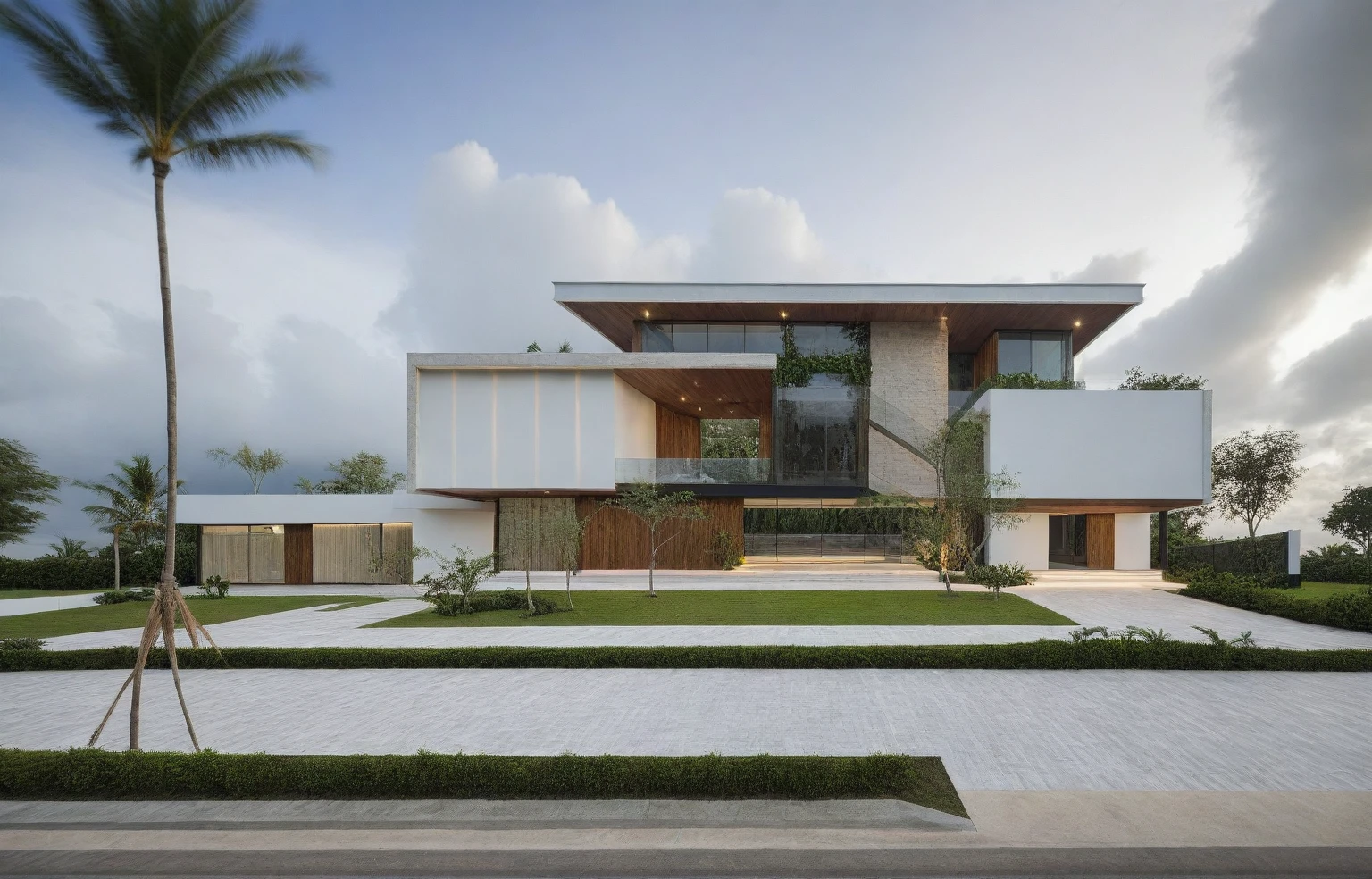 exterior house, contemporary style, white wall, wood wall, steel door, glass window, (realistic:1.2), Masterpiece, high quality, best quality, authentic, super detail, outdoors,road, trees, sky, cloud, (daylight:1.1), modern luxury villa, coconut trees, landscape, along the white beach, clear sky, day time, warm lighting RAW Photo, RAW texture, Super Realistic, 32K UHD, DSLR, soft lighting, high quality, film rating, Fujifilm XT3,Modern, Residential Architecture,  car in front of house