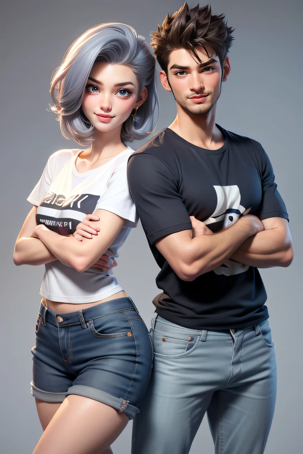 A couple,1 man (25yo) , , sexy pose, handsome face, random hairstyle, , seductive smile, casual t shirt, short pants, A hyper realistic carricature ,photorealism,of a 1 skinny woman 25 yo.with random hair style,standing.wearing casual shirt ,jeans ,light smile, high detail,3d render,high definition. .grey background